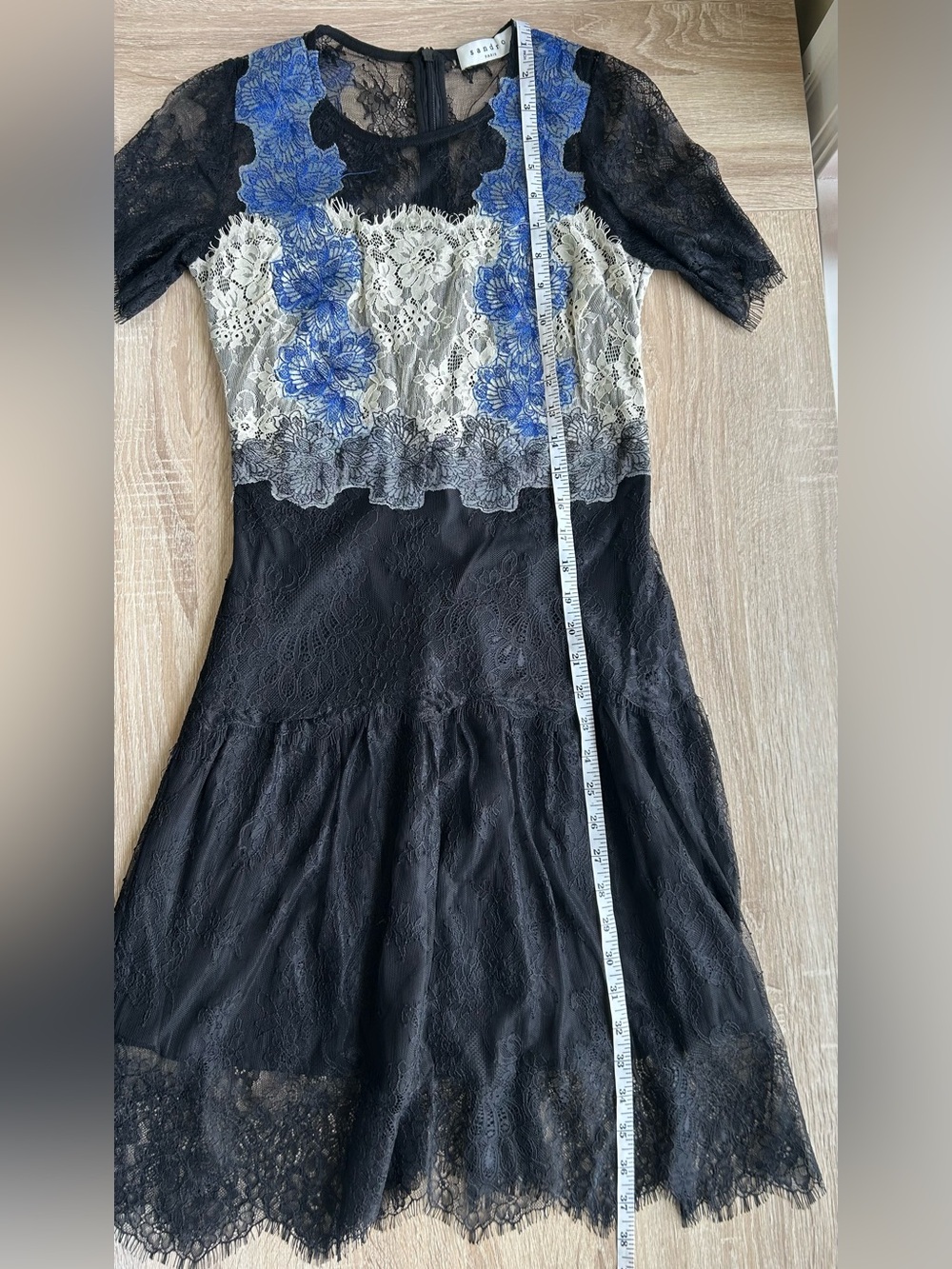 Sandro Paris Lace Floral-Accent Mini Dress Black White Blue 4 S Small - Picture 12 of 12